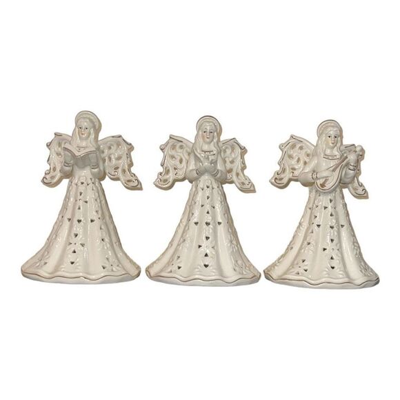 Set of 3 Ivory Glossy Angels Sculpture Music Angels - Picture 1 of 4